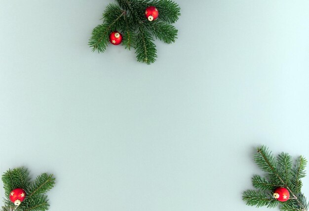Świąteczne gałęzie sosny na pastelowo-zielonym tle Świąteczna świeża gałąź i czerwony bauble