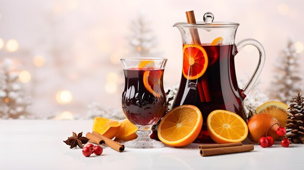 Świąteczne grzane wino z przyprawami i owocami na białym tle Tradycyjny gorący napój w czasie świąt Bożego Narodzenia