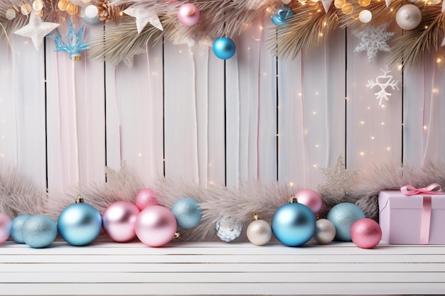 Świąteczne lekkie drewniane tło z świątecznymi różowymi i niebieskimi kulkami choinki