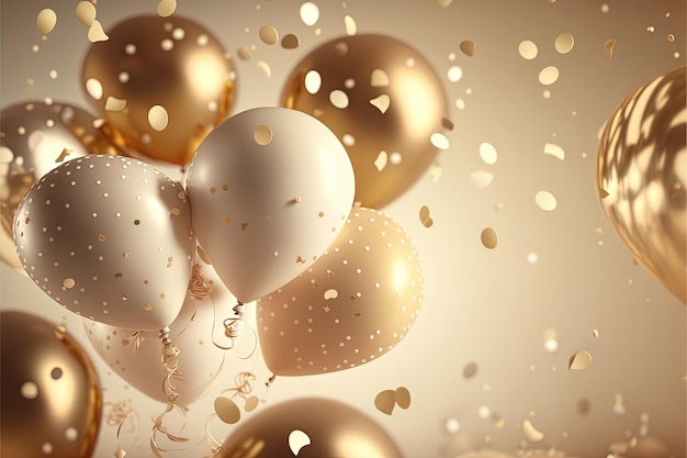 Świąteczne luksusowe tło ze złotymi nadmuchiwanymi balonami konfetti zamazane tło z efektem bokeh Ai generowanym