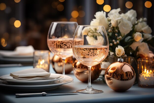 Świąteczne nakrycie stołu z białymi kwiatami i złotymi kulkami