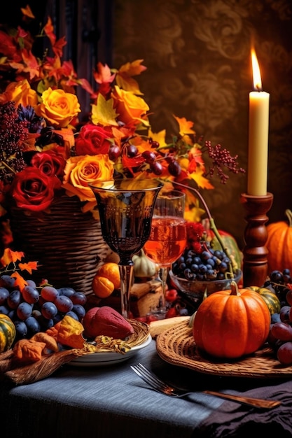 Świąteczne nakrycie stołu z jesiennymi dekoracjami stworzonymi za pomocą generatywnej ai