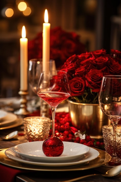 Świąteczne nakrycie stołu z kieliszkami do świec i czerwonymi kwiatami