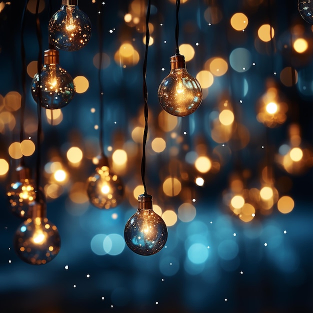 świąteczne oświetlenie i dekoracja koncepcja świąteczna girlanda bokeh światła na ciemno niebieskim tle
