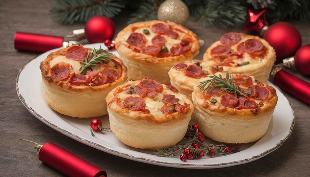 Świąteczne pikantne ciastka mini-pizza w typowej świątecznej potrawie i uroczyste dekoracje