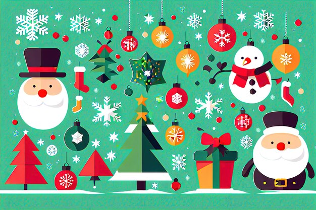 Świąteczne płaskie ozdoby projektowe elementy na tle drzewo bożonarodzeniowe i Nowy Rok ai generowane