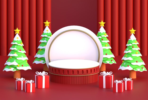 Świąteczne podium czerwone tło z pudełkiem prezentowym i ilustracją 3D sosny