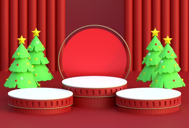 Świąteczne podium czerwone tło z pudełkiem prezentowym i ilustracją 3D sosny