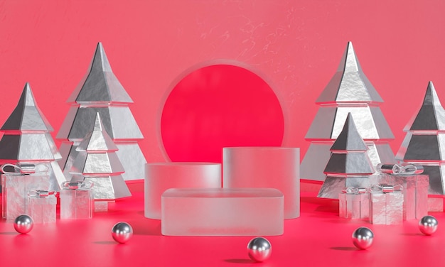 Zdjęcie Świąteczne podium do prezentacji marki i pakowania wyświetlacz produktów z pudełkami prezentowymi prezentacja świąteczna kosmetyczne i modowe renderowanie 3d