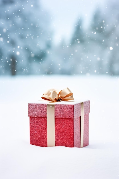 Świąteczne prezenty i pudełko z prezentami w śniegu w śnieżycy w zimie w przyrodzie na wsi dla