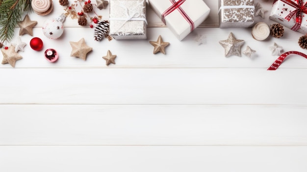 Zdjęcie Świąteczne prezenty na białym tle płaskie położenie widok górny kopiowanie przestrzeni kompozycja świąteczna