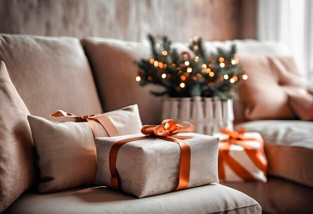 Świąteczne prezenty na kanapie w salonie z drzewkiem świątecznym wygenerowanym przez sztuczną inteligencję