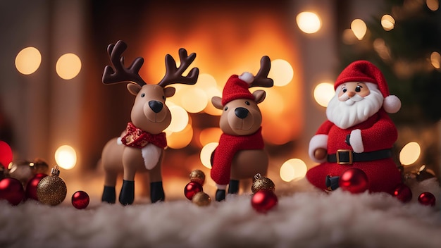 Świąteczne renifery i lalki Świętego Mikołaja przed kominkiem i niewyraźnymi światłami Generacyjna sztuczna inteligencja