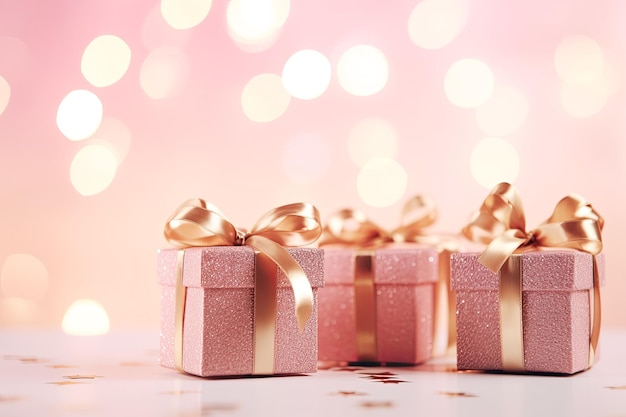 Świąteczne różowe pudełka na prezenty ze złotą wstążką Świąteczna kartka z życzeniami Wesołych świąt Generative AI