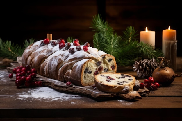 Świąteczne stollen z rodzynkami i cukrem proszkowym na drewnianym tle