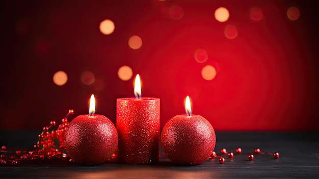 Świąteczne świece na czerwonym tle bokeh z przestrzenią do kopiowania tekstu