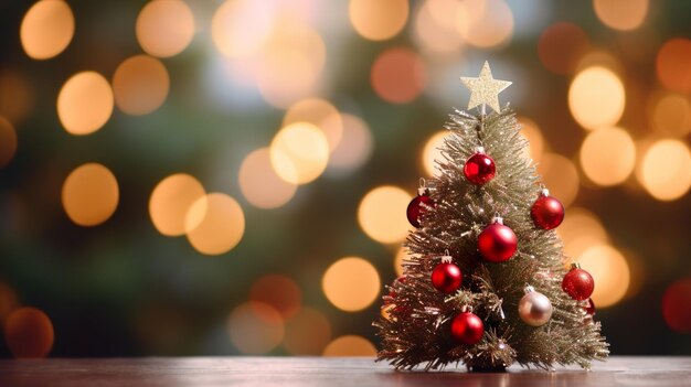 Świąteczne tło Drzewo Bożego Narodzenia z piłkami i rozmytymi błyszczącymi światłami