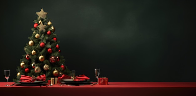 Świąteczne tło z dekoracją drzewka świątecznego i prezentami świątecznymi na drewnianym stole