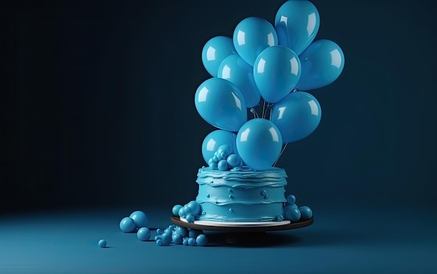 Świąteczne tło z niebieskimi balonami i tortem urodzinowym ze świeczkami