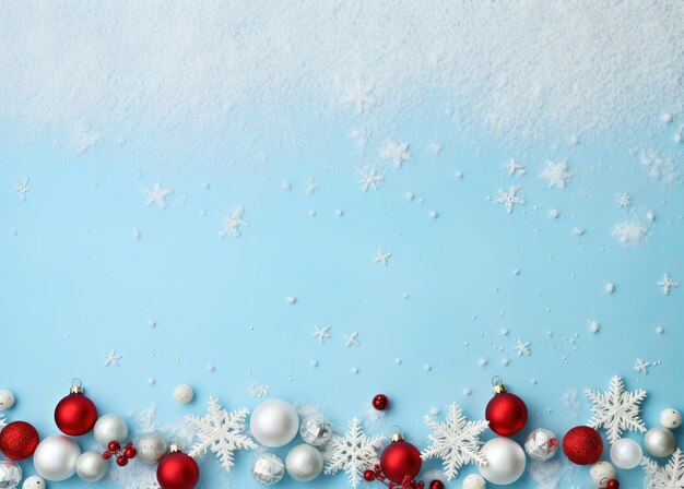 Świąteczne tło z płatkami śniegu i kulkami świątecznymi na niebieskim tle