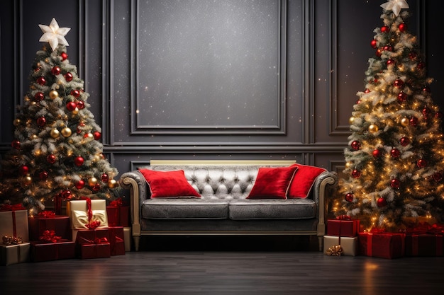 Świąteczne tło z prezentami z choinki i kanapą na ścianie