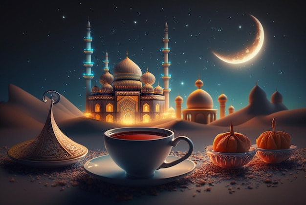 Świąteczne tło zdjęcia ramadan kareem z filiżanką herbaty i datami do menu iftar Generatywna ilustracja AI
