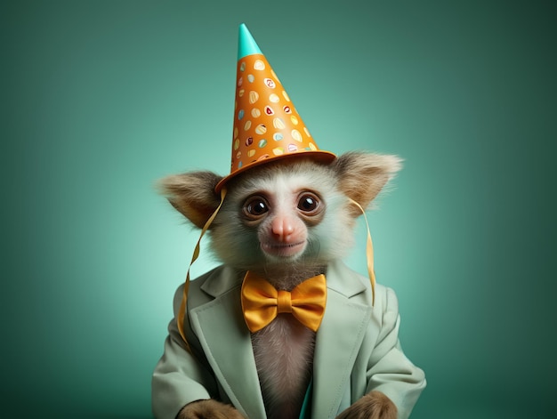 Świąteczne ubrania puszyste zwierzę w czapce urodzinowej na zielonym tle świętowanie imprezy urodzinowej