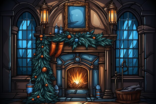 Świąteczne wnętrza domów z dekoracjami świątecznymi, przytulnymi kominkami i ciepłym oświetleniem