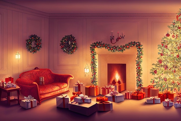 Świąteczne wnętrze Sozy salon ze świątecznym wystrojem Kominek Choinka z wielobarwną girlandą i kulkami miękka sofa Cyfrowa ilustracja