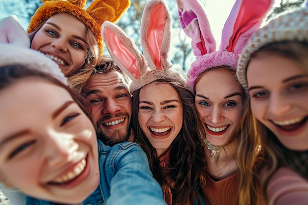 Świąteczne zdjęcie wielkanocne Bliscy przyjaciele dzielą się chwilą z królikiem z uszami i uśmiechem