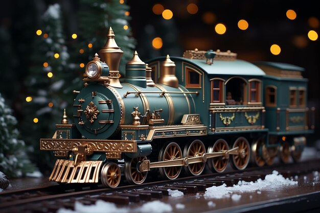 Zdjęcie Świąteczne zielone tło z zabawkowym pociągiem