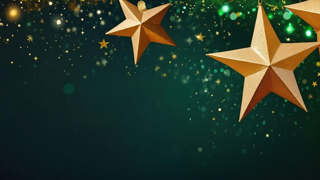 Świąteczne złote i zielone tło świąteczne z gwiazdami i kulkami