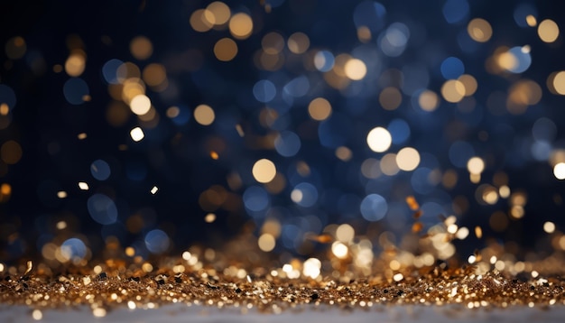Zdjęcie Świąteczne złote światło świeci cząsteczkami bokeh na ciemno niebieskim tle z teksturą złotej folii