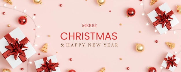 Świąteczny baner tła Xmas projekt błyszczących świateł wieniec z realistycznymi prezentami pudełko błyszczące