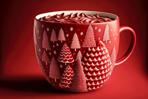 Świąteczny czerwony kubek gorącej czekolady kakaowej z zimowym wzorem w postaci choinek
