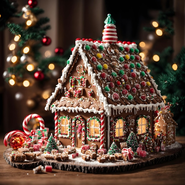 Świąteczny domek z piernika z wystrojem cukierków na drewnianym stole