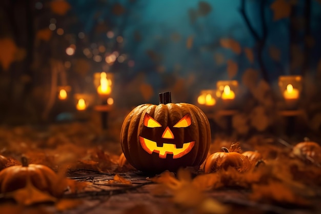 Świąteczny jesienny wystrój JackOLantern oświetlony blaskiem świec