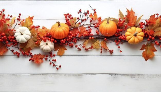 Świąteczny jesienny wystrój z jagód i liści dyni na białym drewnianym tle