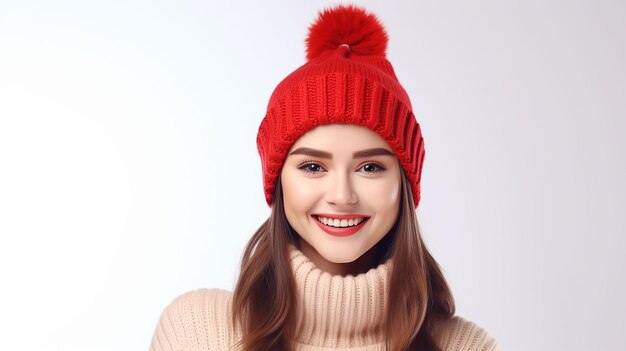 Świąteczny kapelusz portretu izolowanej kobiety Uśmiechnięta szczęśliwa dziewczyna na białym tle