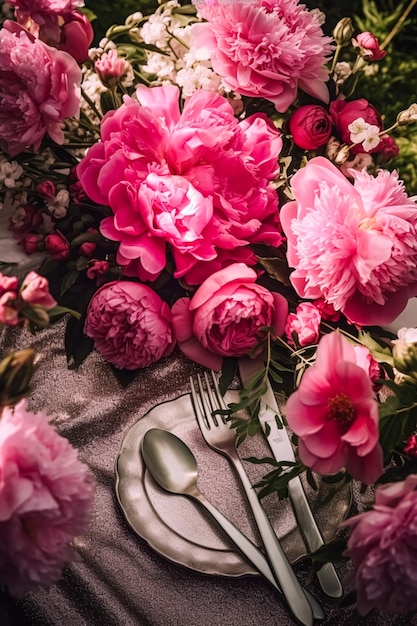 Świąteczny krajobraz formalny stół obiadowy nakrycie stołu różowa piwonia krajobraz stołu z dekoracjami piwonii na wesele i uroczystość uroczystości generatywny ai