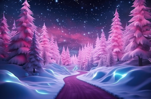 Świąteczny krajobraz z drzewami świątecznymi na śnieżnej drodze i świecącym śniegiem