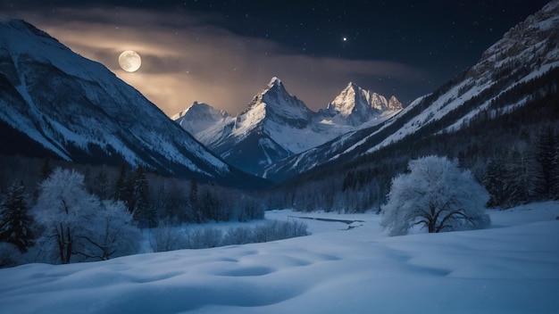 Świąteczny krajobraz z śnieżnym domem w górach Wróżka nocny widok z pełnią księżyca Zima