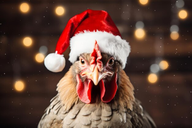 Świąteczny kurczak noszący kapelusz ojca Mikołaja