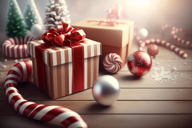 Świąteczny nastrój z bożonarodzeniowymi pudełkami na prezenty i świątecznymi akcesoriami na drewnianym stole Wesołych świąt