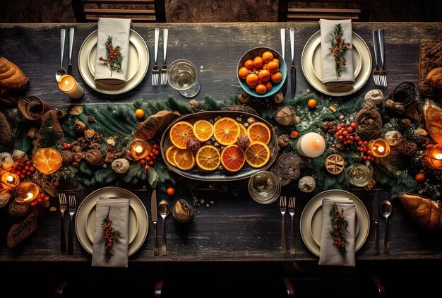 świąteczny obiad na stole ze świeżymi pomarańczami i