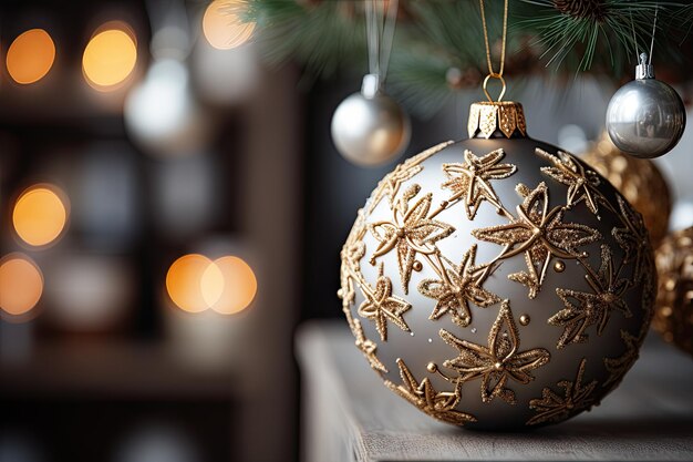 świąteczny ornament na stole z światłami w tle i ornament wiszący z gałęzi drzewa