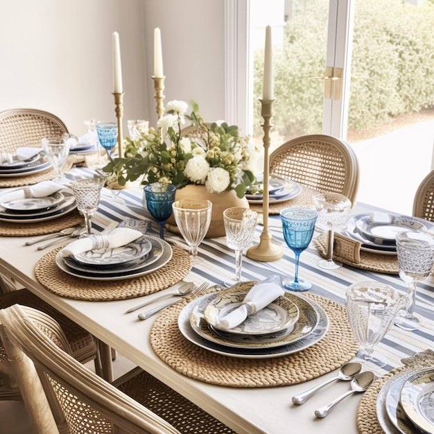 Świąteczny pejzaż z niebieskimi detalami formalny stół do obiadu nakrycie stołu z dekoracją na przyjęcie weselne i uroczystości generatywne ai