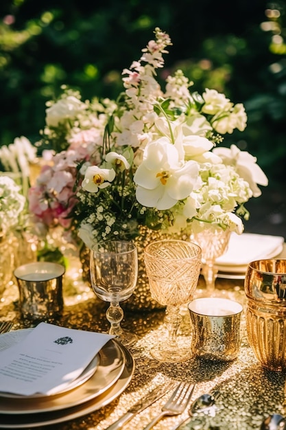 Świąteczny pejzaż złoty formalny stół do obiadu nakrycie stołu pejzaż ze złotą dekoracją na przyjęcie weselne i uroczystości generatywne ai