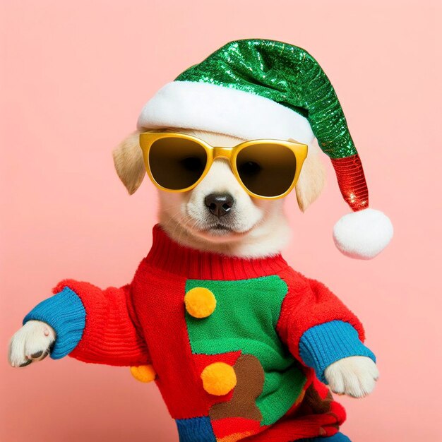 Świąteczny pies w kolorowych ubraniach i okularach przeciwsłonecznych tańczący na pastelowym tle
