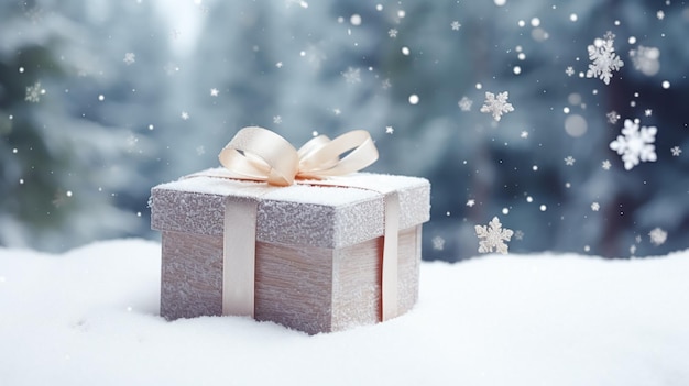 Świąteczny prezent świąteczny i obecne pudełko upominkowe w śniegu w śniegu zimowa wieś natura na drugi dzień świąt zakupy pomysł na sprzedaż
